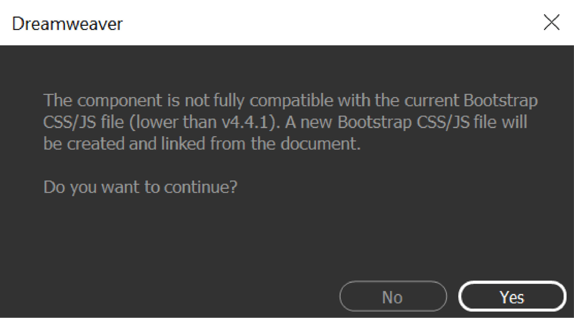 Version compatibility confirmation dialog