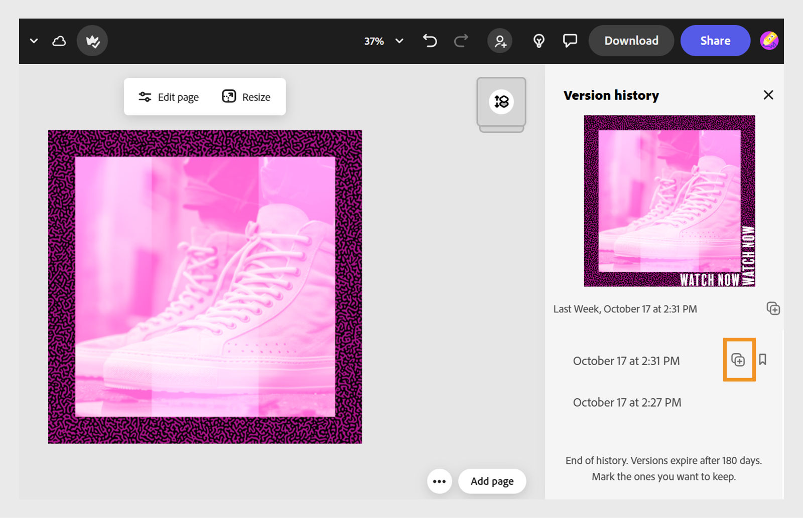 The Adobe Express editor shows a design of white sneakers with a pink overlay. The Version history panel is open on the right, displaying saved versions with timestamps and an icon highlighted for restoring or marking a version.