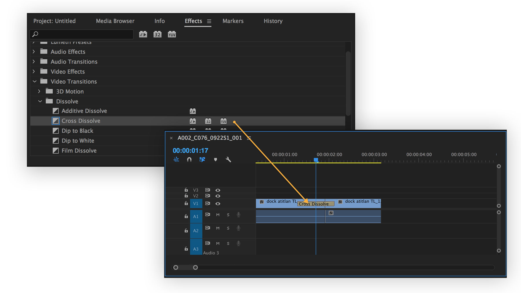 Drag a Dissolve Effect from the Effects panel to the Timeline