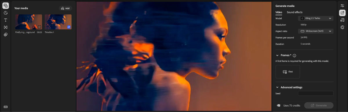 Firefly video editor with Generate panel open, Kling 2.5 Turbo selected, and video settings visible.