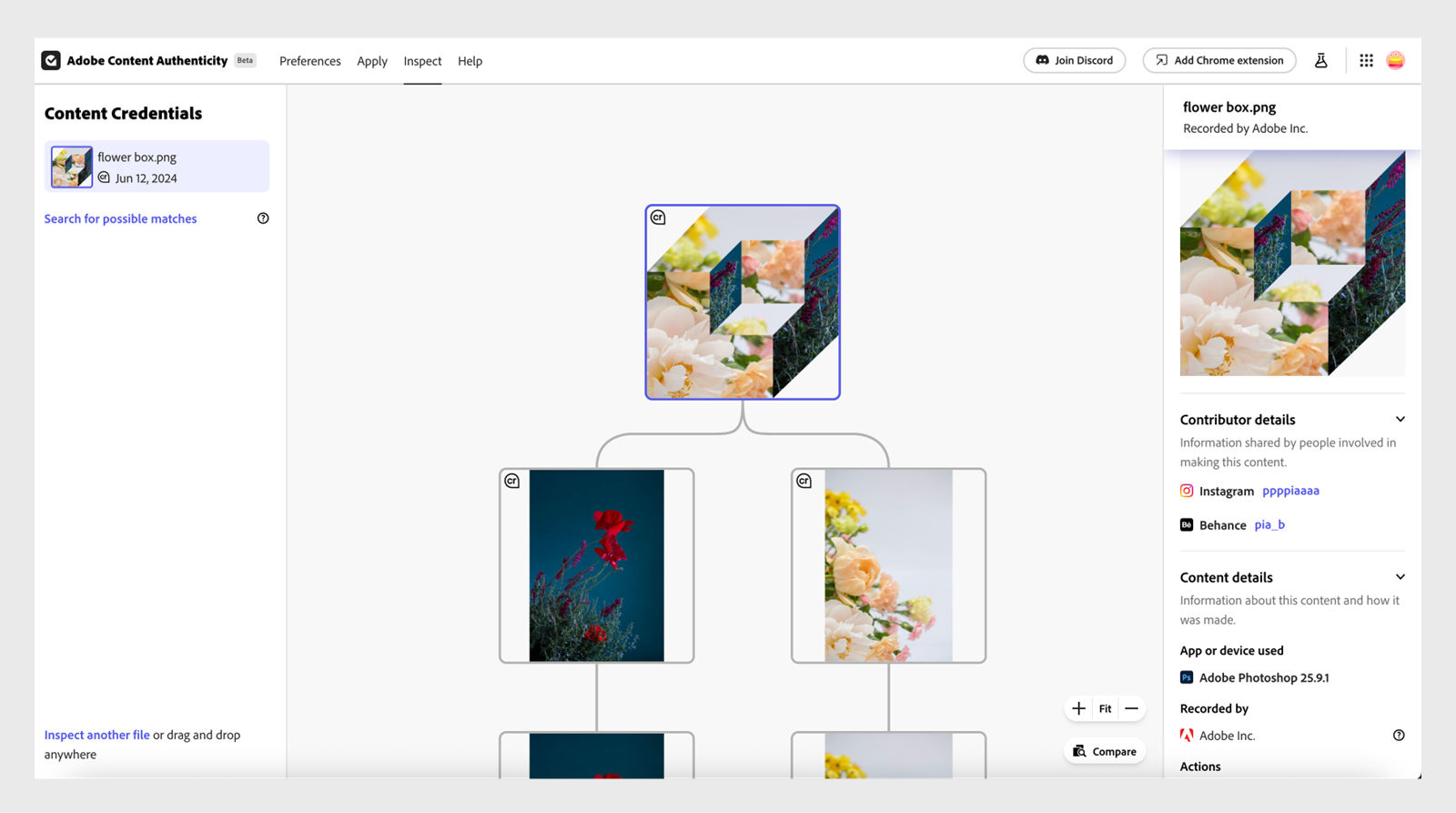 The image shows the matches on the left side, the history view of the matches in the center, and the details of the Content Credentials of the selected image on the right side.