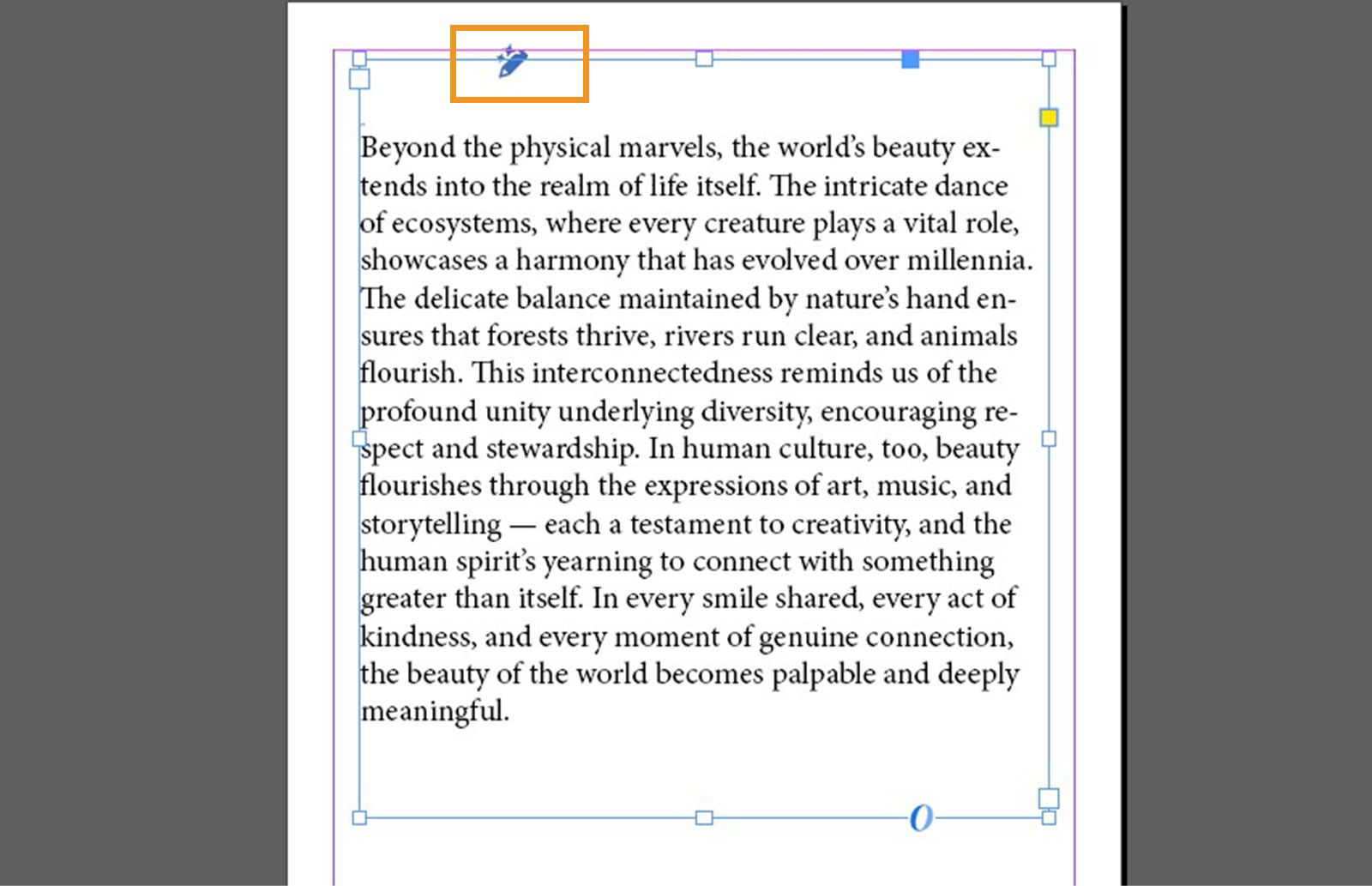  InDesign document showing a highlighted suggestion icon and text with available copy recommendations.