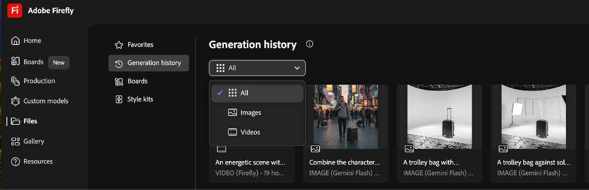 In the Generation history tab, the dropdown menu offers options to display generated images, videos, or all.