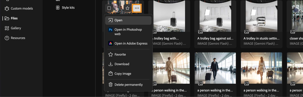 The generated video is selected, and the menu is open. The menu offers options to open it, open it in Photoshop Web, Adobe Express, favorite it, download it, or permanently delete it.