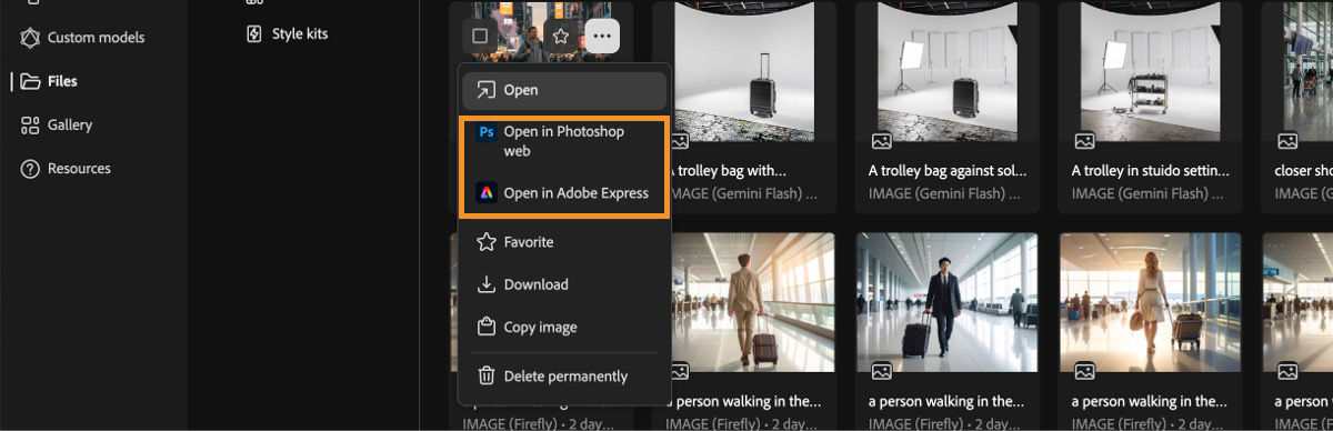 The generated video is selected, and the menu is open. The menu offers options to open it, open it in Photoshop Web, Adobe Express, favorite it, download it, or permanently delete it.