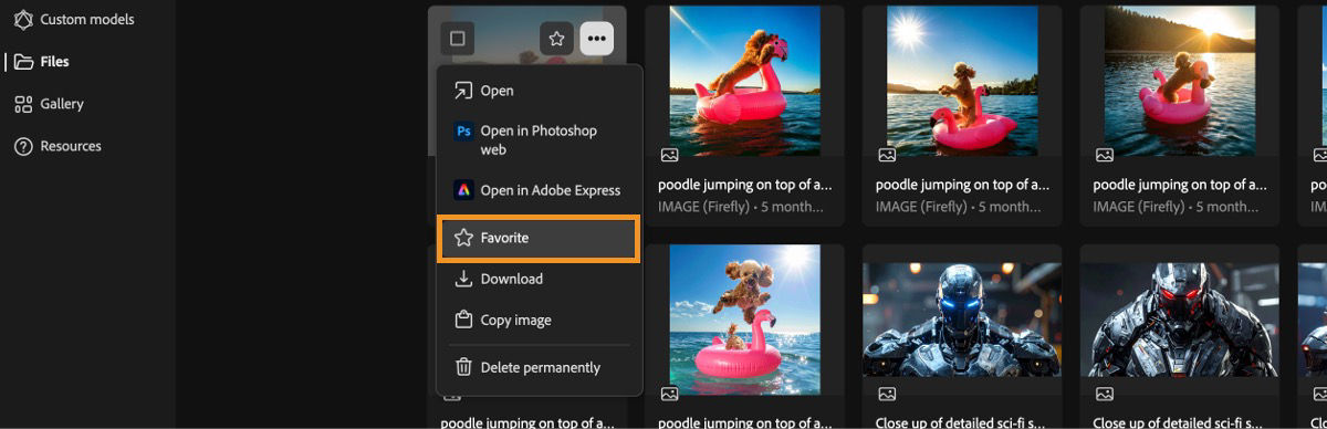 The generated images are listed in the Generation history page and there are menu options to choose from.