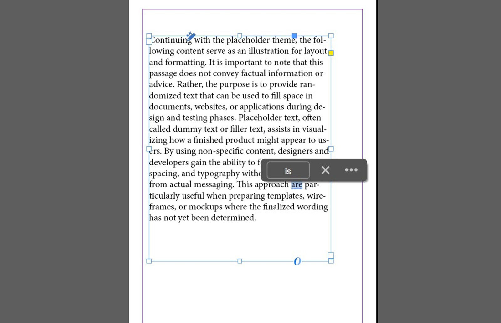 Text frame with blue-underlined grammar suggestions and a suggestion card open for the selected word theme.
