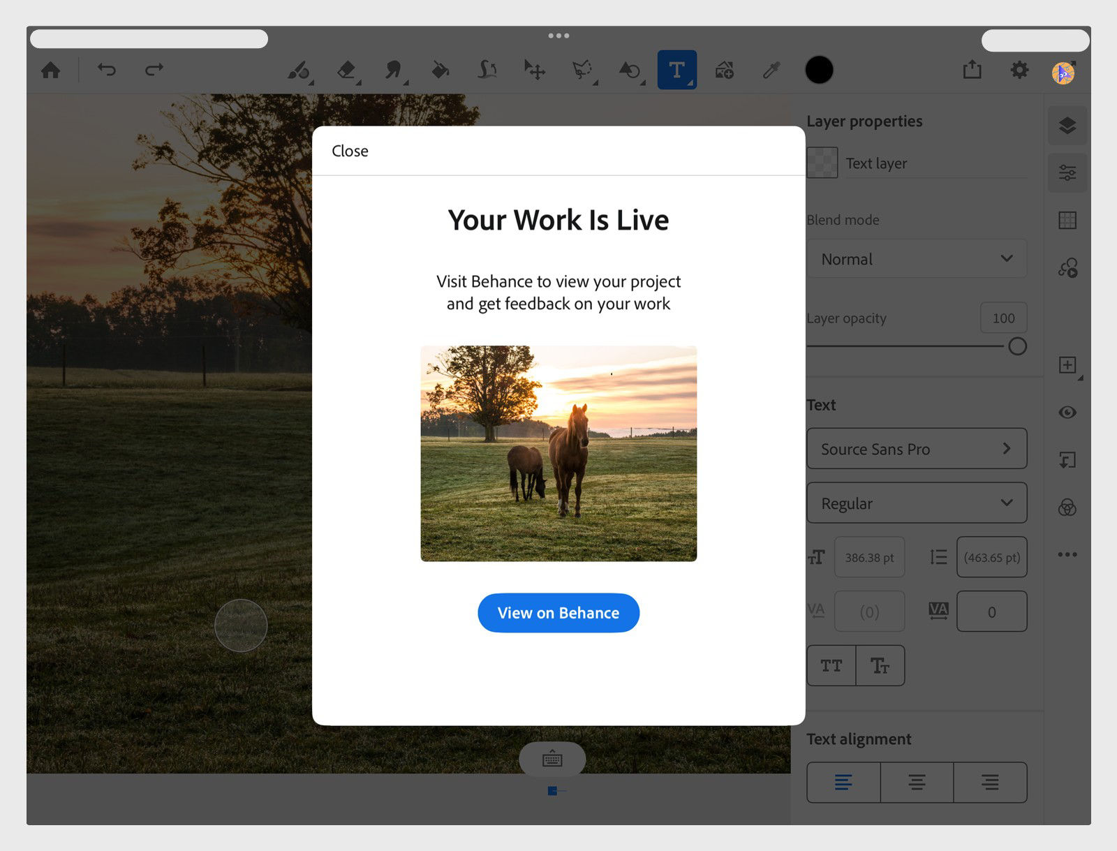Confirmation message showing that your work is live with artwork preview and a View on Behance button.