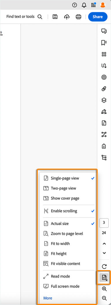 Page navigation, display and zoom settings on the right pane