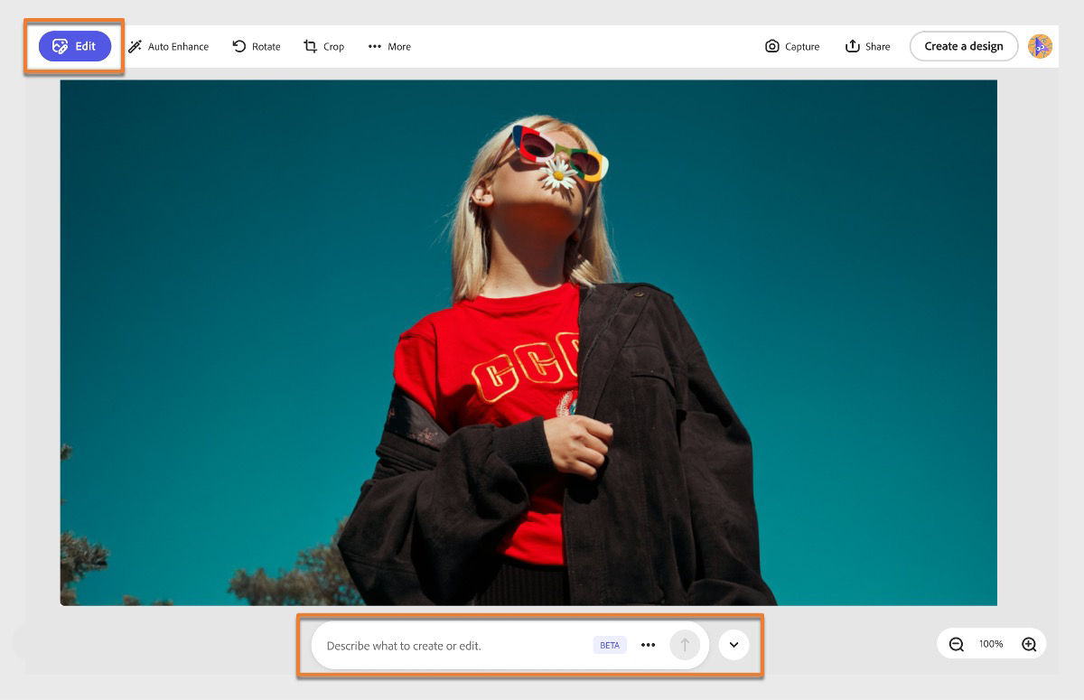 Adobe Express Photos editing workspace in light mode and the interface includes editing tools such as Auto Enhance, Resize, Crop, and More at the top, along with options to capture, share, or create a design. A prompt bar at the bottom allows you to describe image edits using AI Assistant.