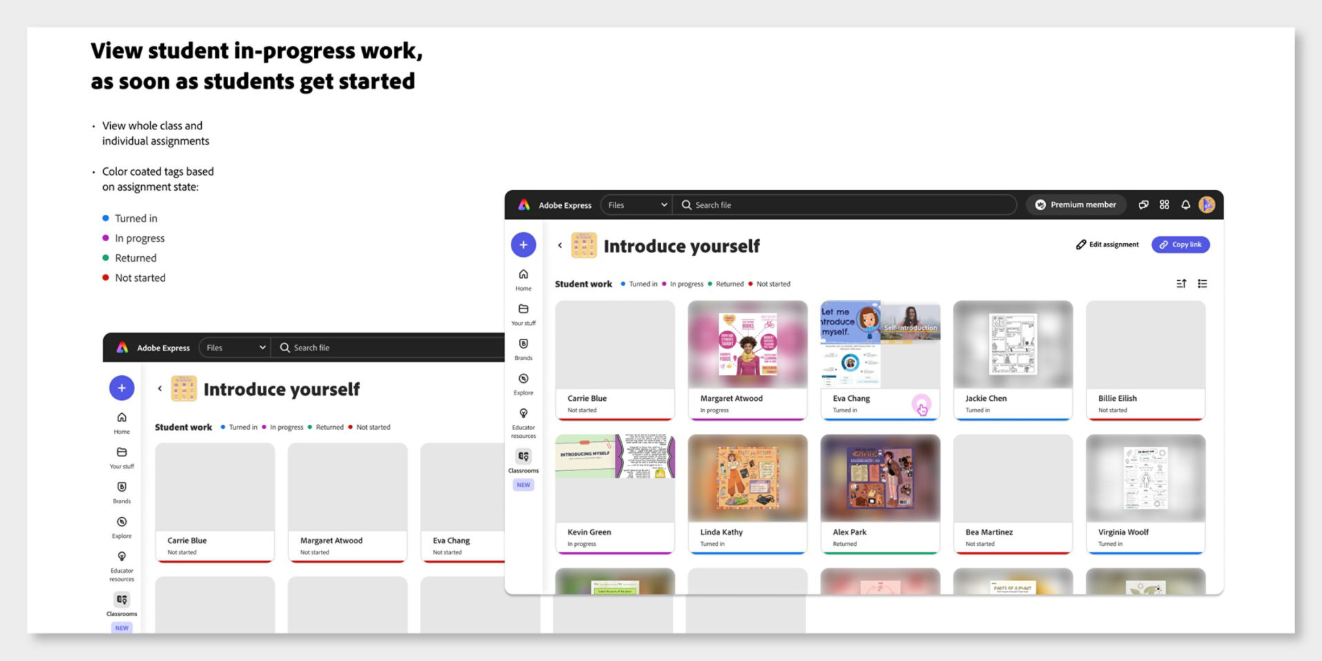 Adobe Express for Education in the Classrooms panel with different color coding to depict the status of each project.