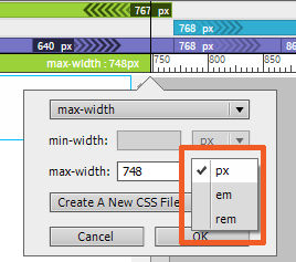 Specifying units while adding a media query