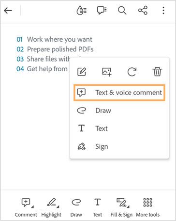 Graba tu voz y envíala como comentario en la aplicación Acrobat Reader.