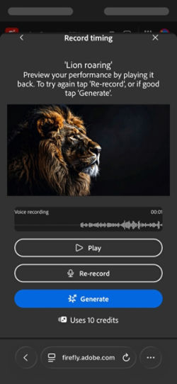 The Record timing screen displays the uploaded video, a text prompt, and options to review, record, or generate sound effects.