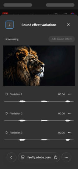 The Short Sound Variations option is open, and four different generated variations are available to choose from. There is also an option to add the sound effects to the timeline.