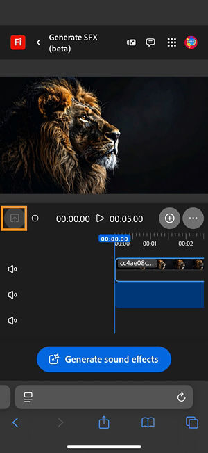A video is uploaded and is added to the timeline. It has the Generate sound effects button available. The Upload option is highlighted.