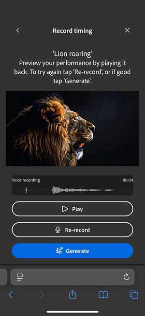 The Record timing screen displays the uploaded video, a text prompt, and options to review, record, or generate sound effects.