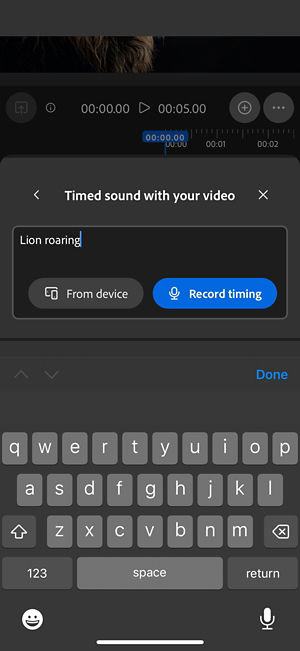 Timed sound with your video has a text prompt with the options to upload an audio file from the device or record it directly on the web app.