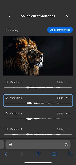 The Short Sound Variations option is open, and four different generated variations are available to choose from. There is also an option to add the sound effects to the timeline.