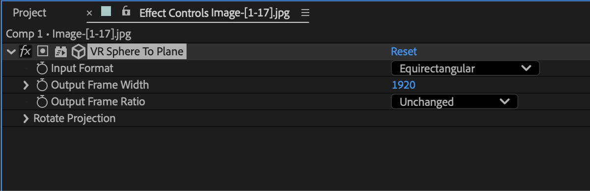 VR Sphere to Plane settings in the Effect Controls panel.