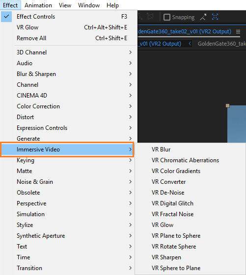 Immersive video effects under Effects tab
