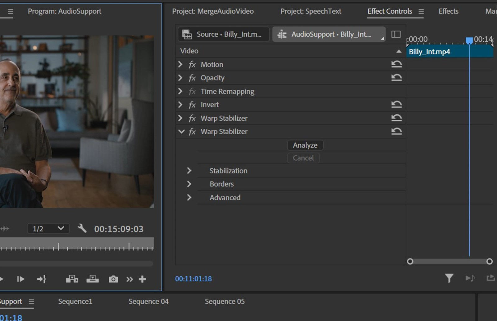 Warp Stabilizer panel is open and it automatically smooths out shaky video footage.