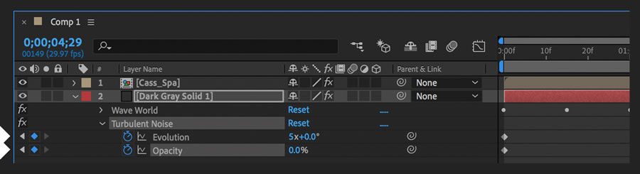 Turbulent Noise Evolution is set to 5, and Opacity is set to 0. 