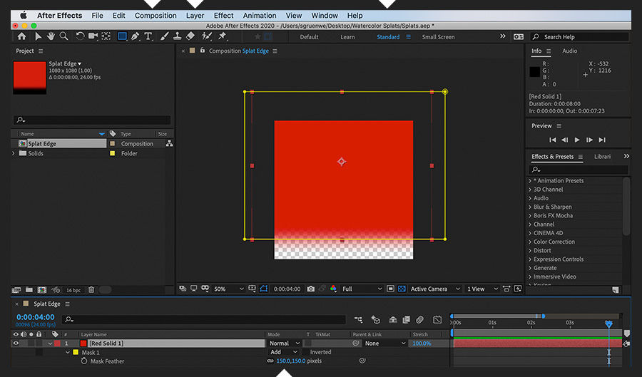 In Adobe After Effects, the Standard workspace shows a square composition with a red solid and feathered mask