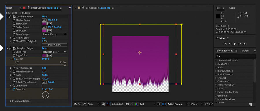 Effect Controls panel shows the Gradient Ramp and Roughen Edges effects applied to the solid in the composition