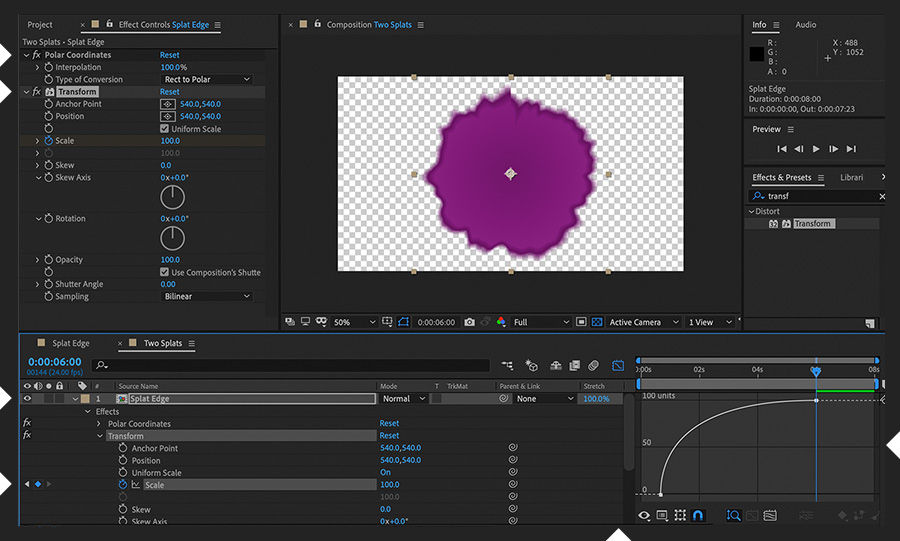 Polar Coordinates effect is applied to the square precomp to make it a circle, and Transform effect sizes it up over time