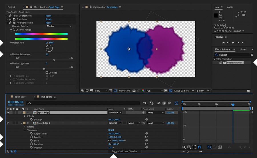 Square precomp is duplicated and both copies are repositioned slightly. Color and rotation are changed in one of them.