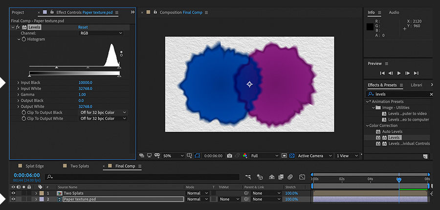 Paper texture is added to the final composition, and its contrast is increased with the Levels effect