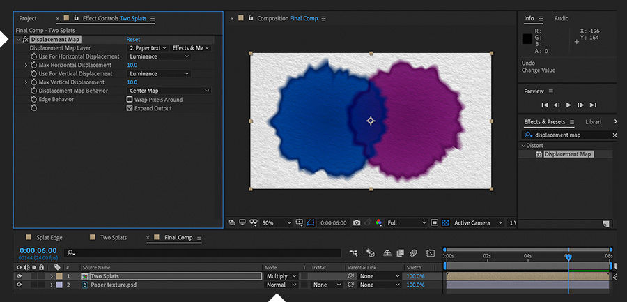 Effect Controls panel shows the Displacement Map effect applied to the watercolor precomp