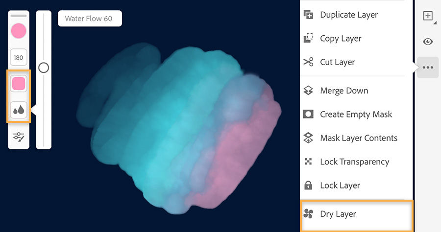 Watercolor brush settings on left, water flow set to 60, pink and blue digital brush strokes, Dry Layer setting highlighted 