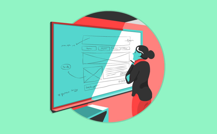 Illustration of a person standing at a white board looking at a wireframe design