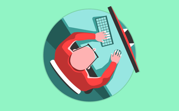 Top down view of illustration of a person building web pages