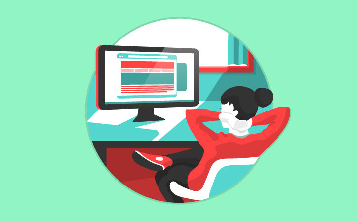 Illustration of a person sitting at their workstation looking at the published website on the monitor