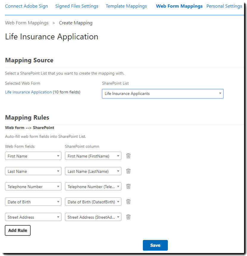 Configured web form mapping