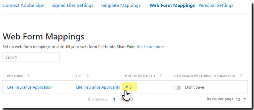 Mapped web form in the web form mappings section