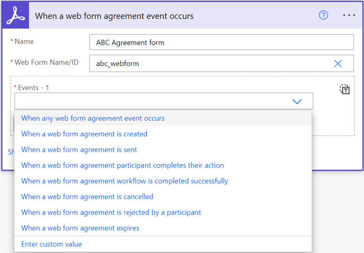 Trigger an action to automate webform processes in PowerAutomate Acrobat Sign connector.