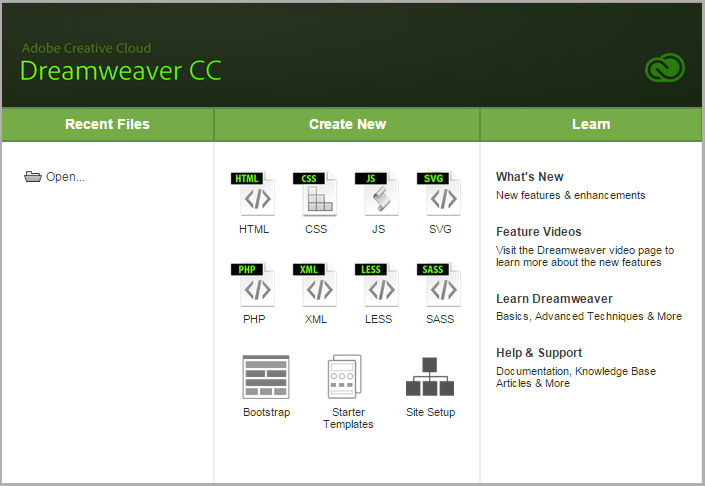 Welcome screen in Dreamweaver CC 2015.2