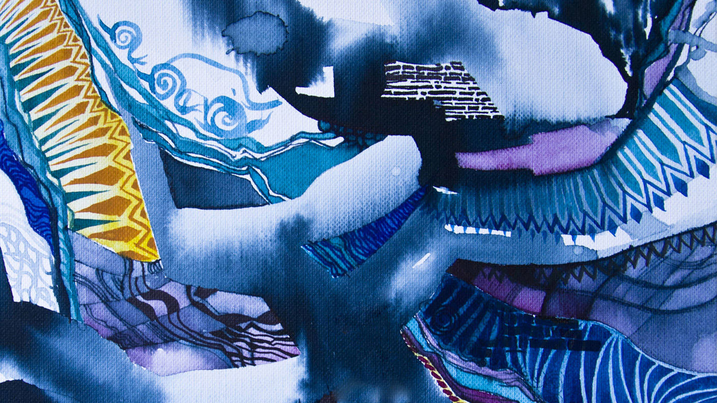 Abstract blue watercolor art with purple and gold accents. 