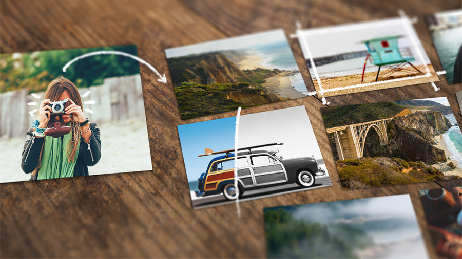 Printed photographs laying on a wooden table