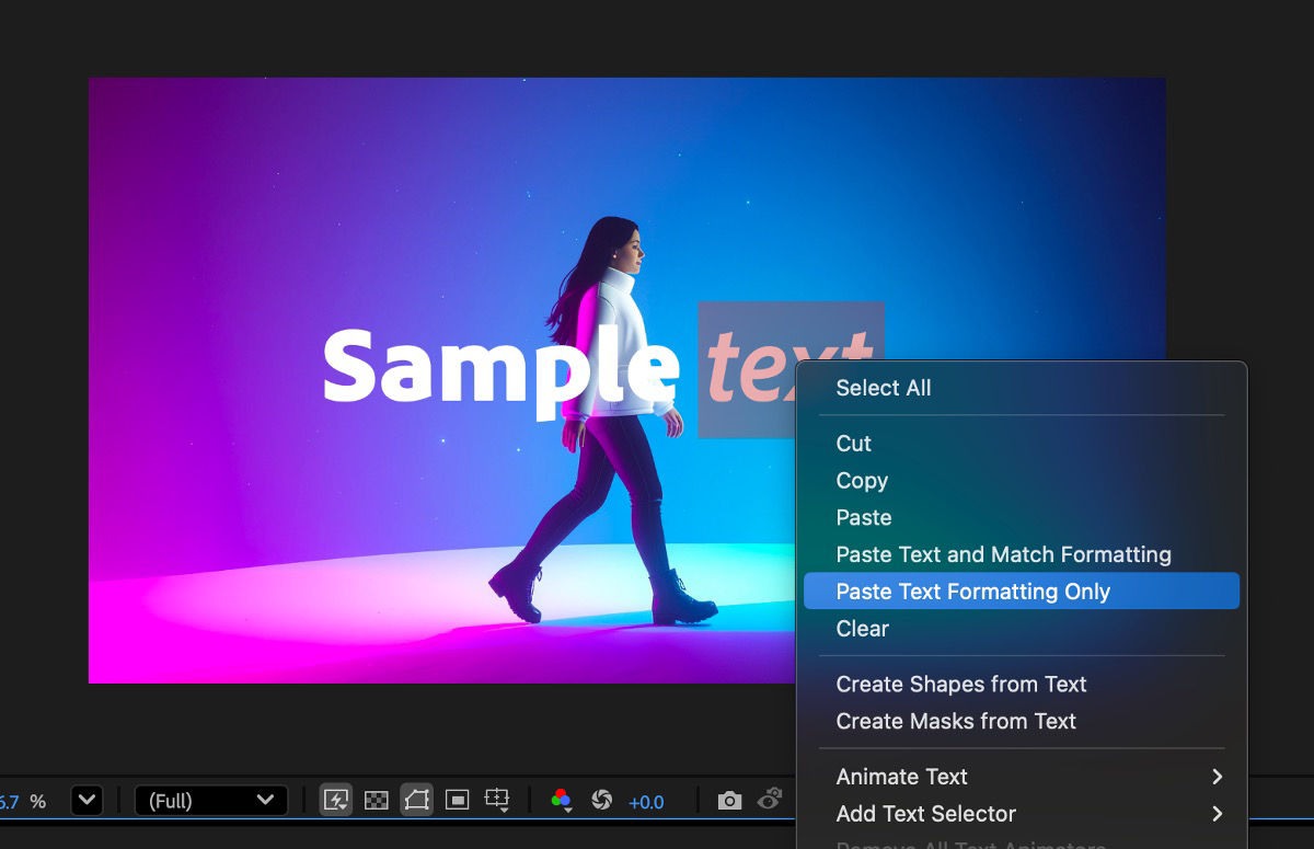 The word 'text' is selected, and the context menu—accessed via right-click—is visible, with the 'Paste Text Formatting Only' option highlighted.