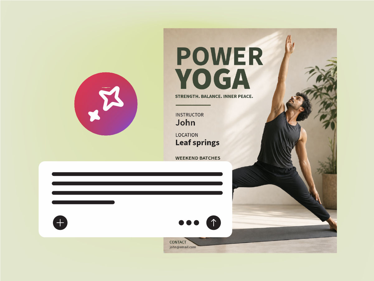 Prompt bar next to a generated Power Yoga flyer with a class photo, instructor, and location