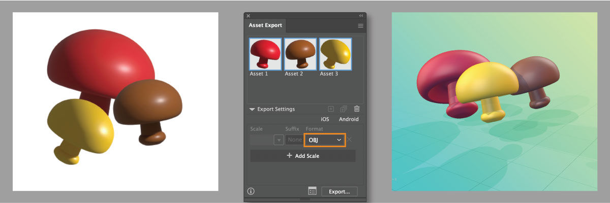 export objects with colors