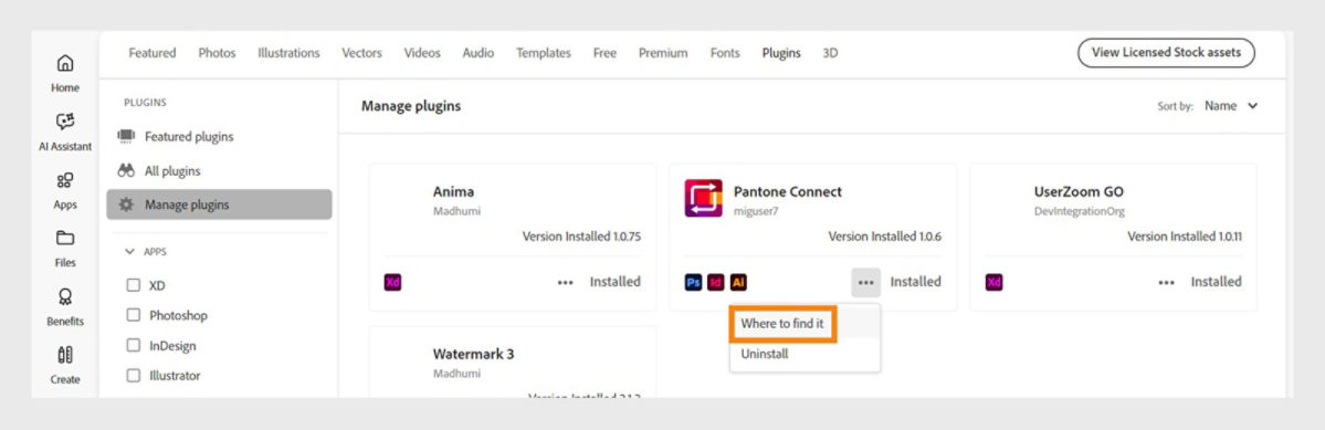 The Plugin card displays the More action drop-down with the options 'Where to find' and 'Uninstall'.