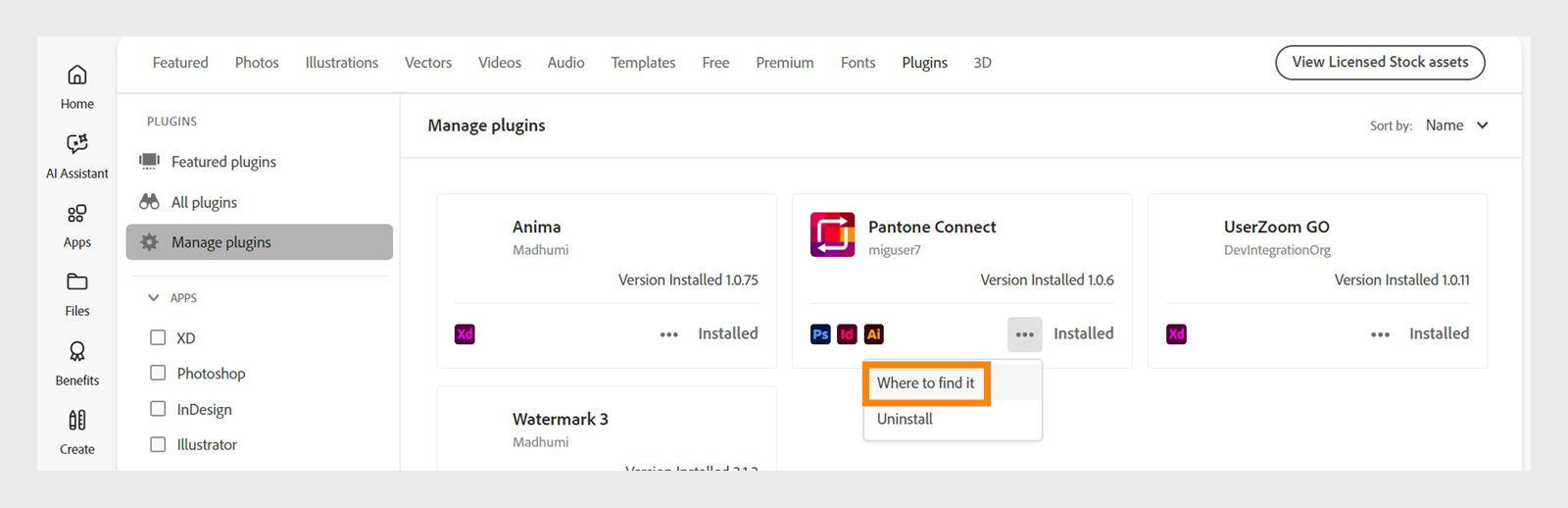 The Plugin card displays the More action drop-down with the options 'Where to find' and 'Uninstall'.