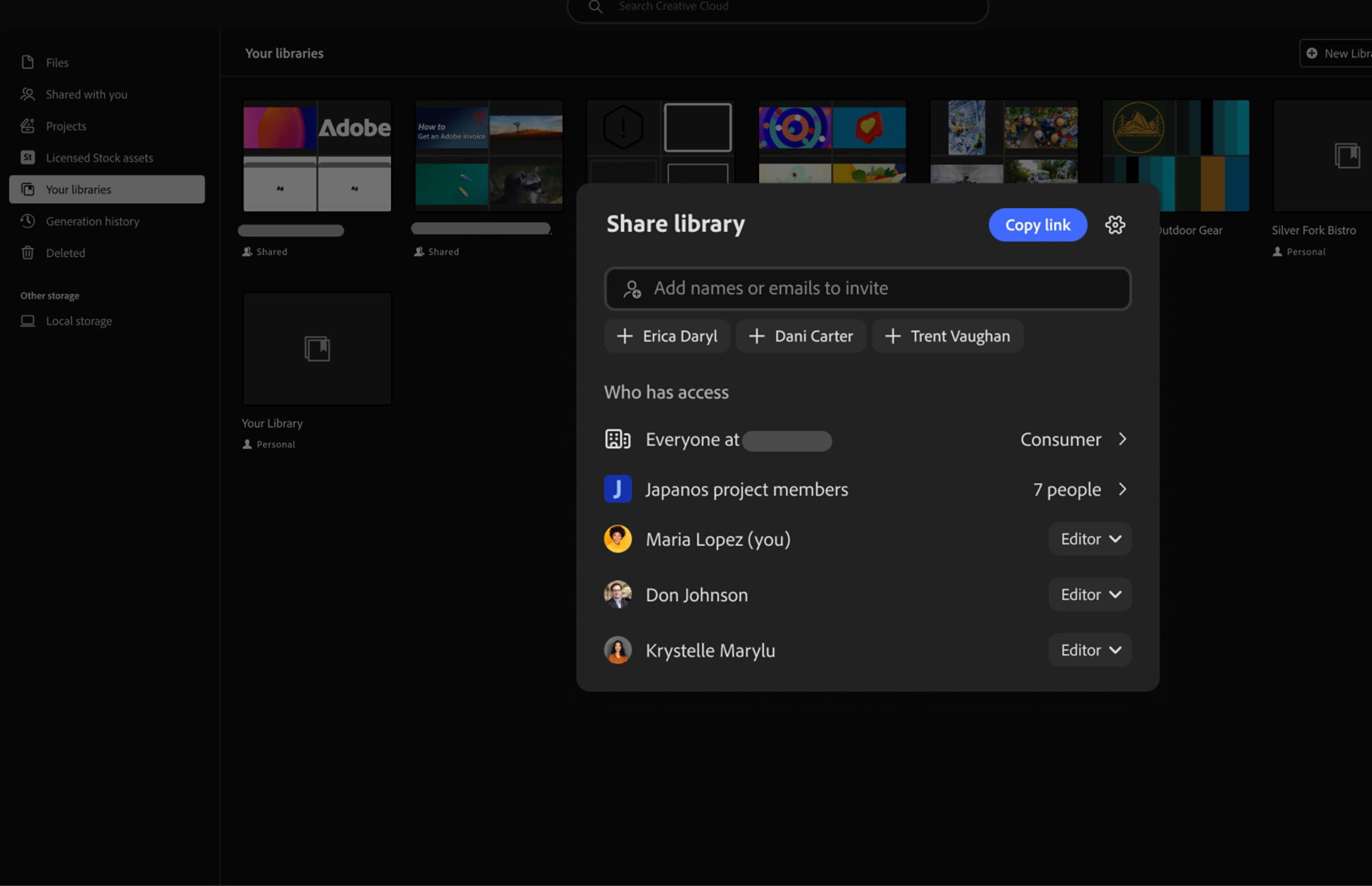 Share library settings displaying invite fields, list of members with assigned roles, organizational access level, and a Copy link button.