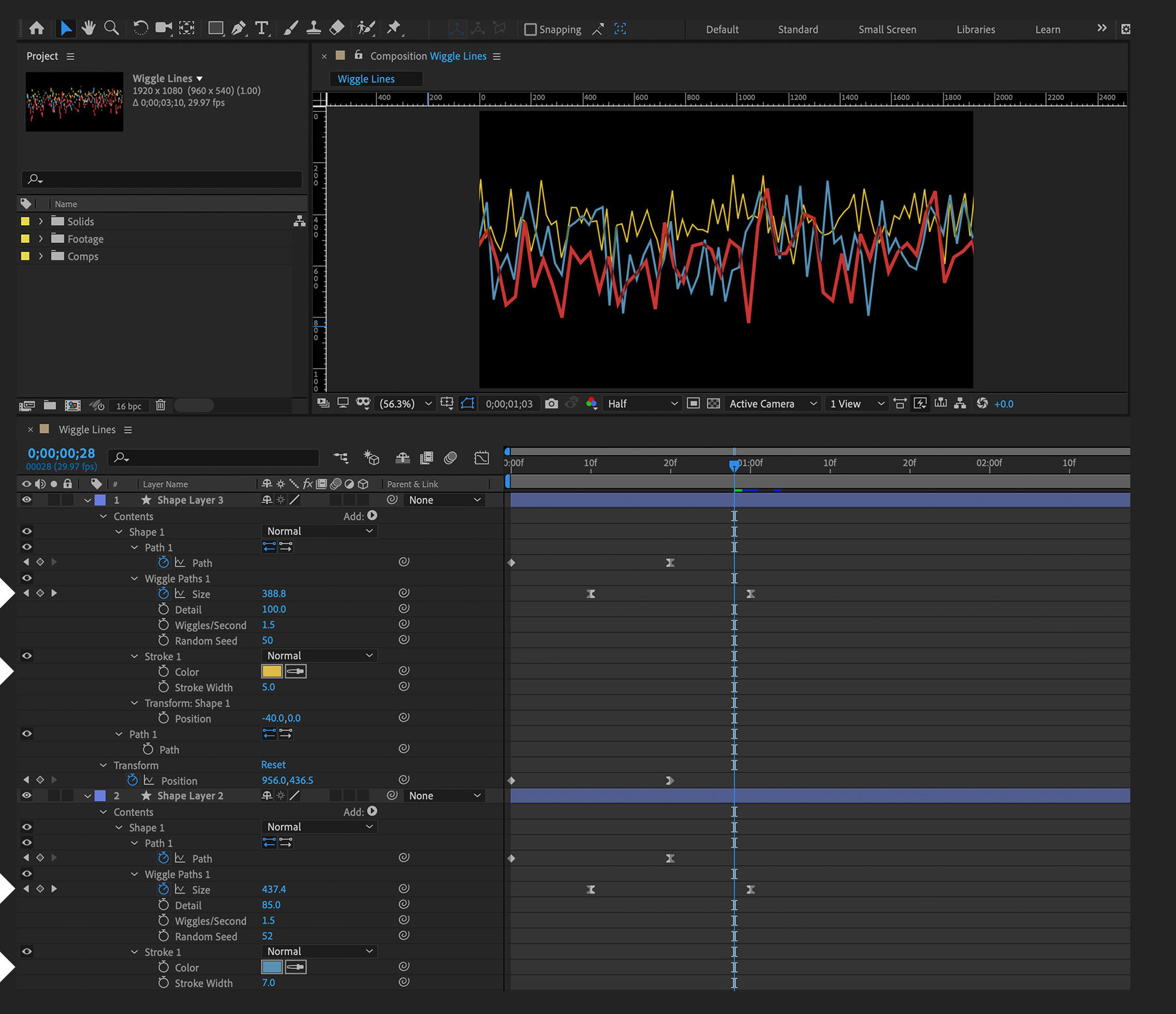 More Wiggle Paths with sharp points are added. Colors and Wiggle Path sizes are changed to create distinct lines.
